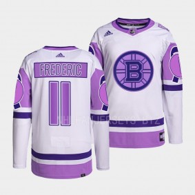 Hockey Fights Cancer Trent Frederic Boston Bruins White Purple #11 Primegreen Jersey 2022